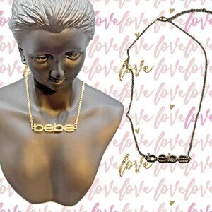 Bebe Gold-Tone Pave Crystal Brand Logo Name Spelled-Out Frontal Necklace